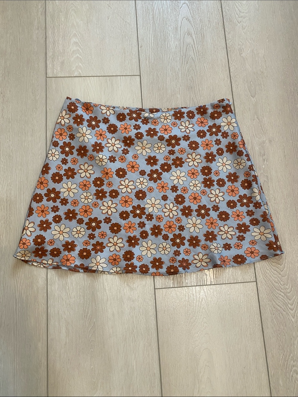 Cotton Candy A-Line Mini Skirt in Light Blue with Orange & Brown Floral Print